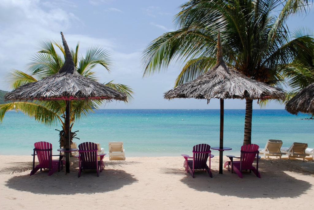 caribbean beach, caribbean sea, tropical beach, beach, caribbean, sea, ocean, blue, sand, tropical, vacation, summer, water, nature, blue sky, sky, landscape, palm, island, seascape, scenic, resort, paradise, coastline, holiday, shore, lounge chairs, thatch umbrellas, beach chairs, palm trees, exotic, leisure, sun